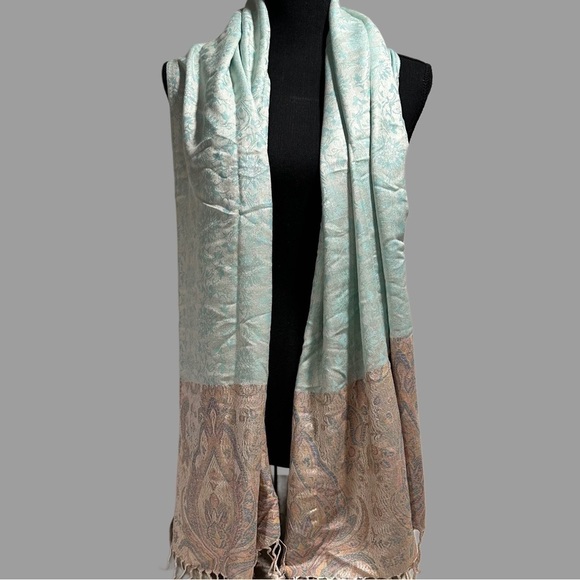Elegant Shawl in Light Mint & Cream - Versatile Wrap, Scarf, or Veil, Soft Rayon - Picture 5 of 16
